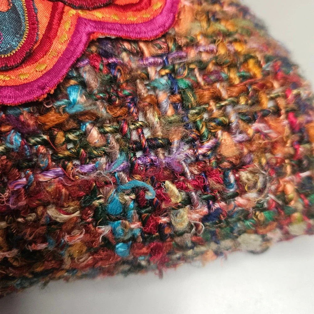 Pier 1 Imports Boho Floral Embroidered Tweed Throw Pillow Magenta Purple 17x12